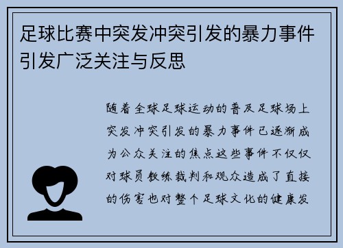 足球比赛中突发冲突引发的暴力事件引发广泛关注与反思