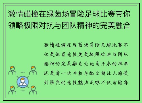 激情碰撞在绿茵场冒险足球比赛带你领略极限对抗与团队精神的完美融合