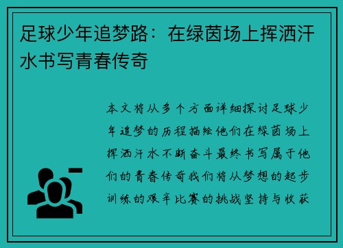 足球少年追梦路:在绿茵场上挥洒汗水书写青春传奇