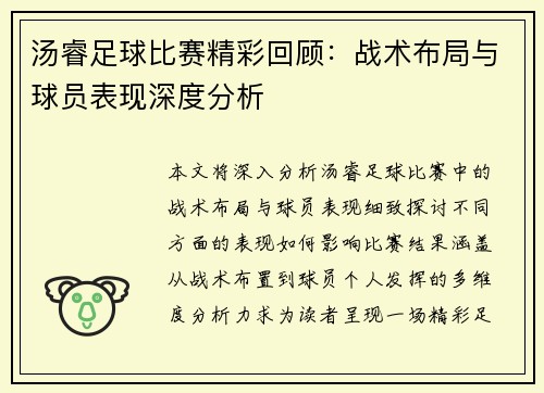 汤睿足球比赛精彩回顾：战术布局与球员表现深度分析