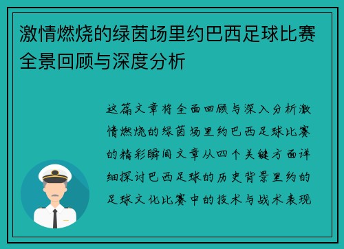 激情燃烧的绿茵场里约巴西足球比赛全景回顾与深度分析