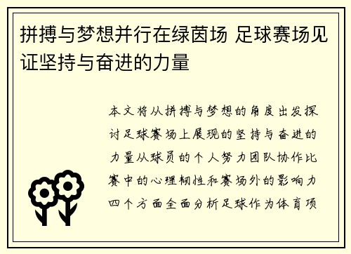 拼搏与梦想并行在绿茵场 足球赛场见证坚持与奋进的力量