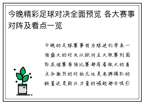 今晚精彩足球对决全面预览 各大赛事对阵及看点一览