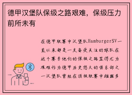 德甲汉堡队保级之路艰难,保级压力前所未有