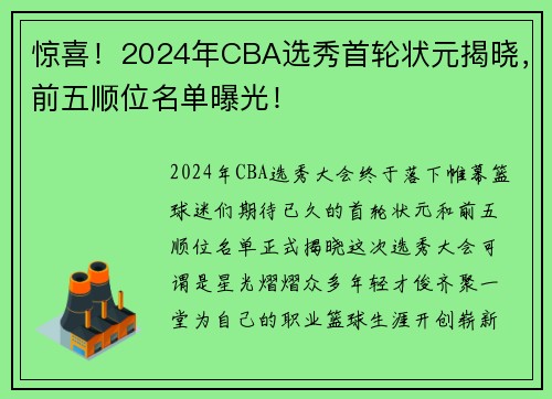 惊喜!2024年CBA选秀首轮状元揭晓,前五顺位名单曝光!
