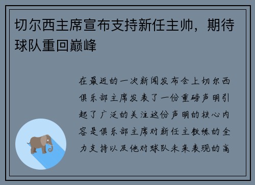 切尔西主席宣布支持新任主帅,期待球队重回巅峰