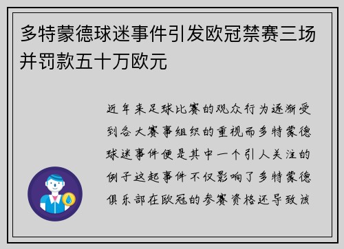 多特蒙德球迷事件引发欧冠禁赛三场并罚款五十万欧元