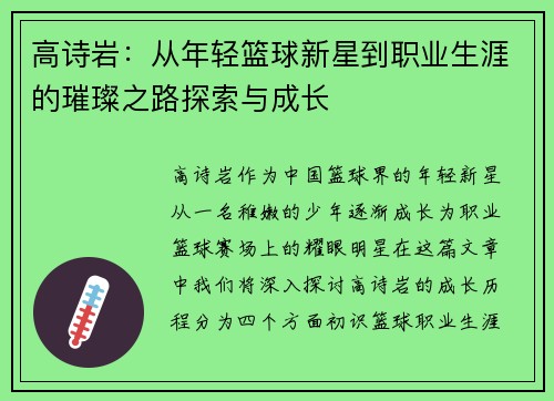 高诗岩：从年轻篮球新星到职业生涯的璀璨之路探索与成长