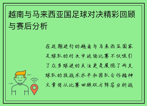 越南与马来西亚国足球对决精彩回顾与赛后分析