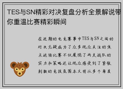 TES与SN精彩对决复盘分析全景解说带你重温比赛精彩瞬间