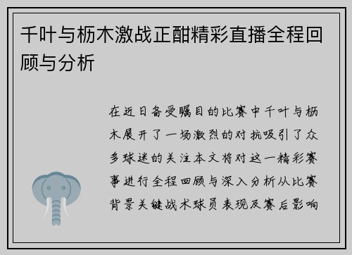 千叶与枥木激战正酣精彩直播全程回顾与分析