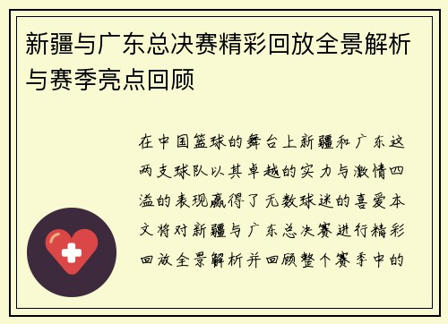 新疆与广东总决赛精彩回放全景解析与赛季亮点回顾