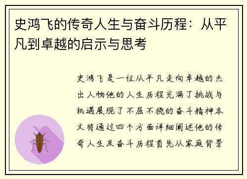 史鸿飞的传奇人生与奋斗历程：从平凡到卓越的启示与思考