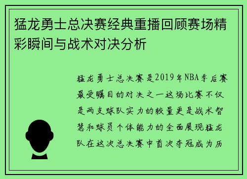 猛龙勇士总决赛经典重播回顾赛场精彩瞬间与战术对决分析