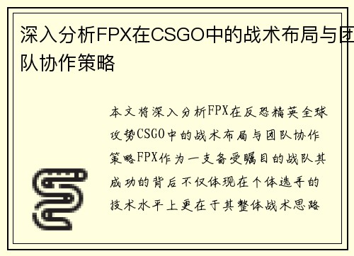 深入分析FPX在CSGO中的战术布局与团队协作策略