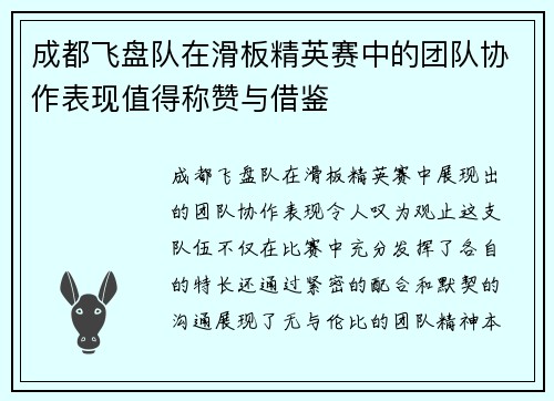 成都飞盘队在滑板精英赛中的团队协作表现值得称赞与借鉴
